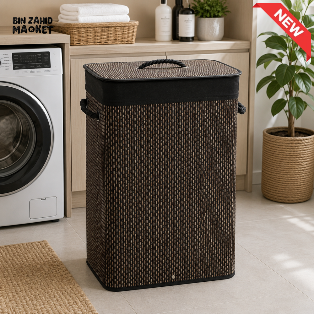 Dark Brown Bamboo Rectangular Laundry Basket with Lid
