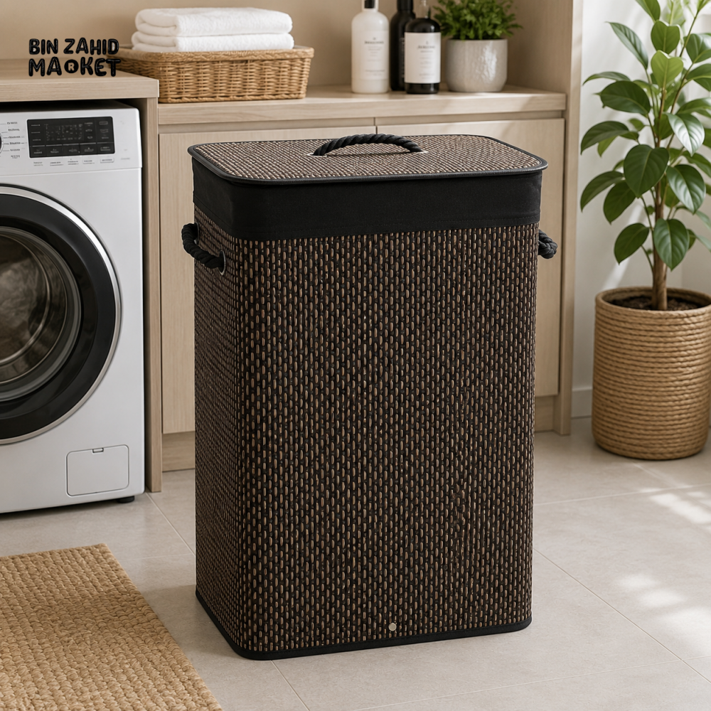 Dark Brown Bamboo Rectangular Laundry Basket with Lid