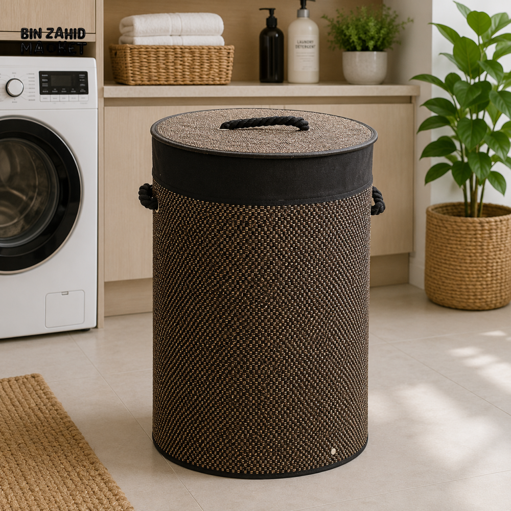 Dark Brown Bamboo Round Laundry Basket with Lid