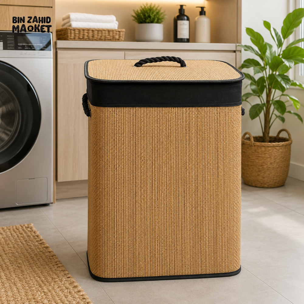 Light Brown Bamboo Rectangular Laundry Basket with Lid