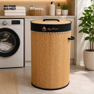 Light Brown Bamboo Round Laundry Basket with Lid