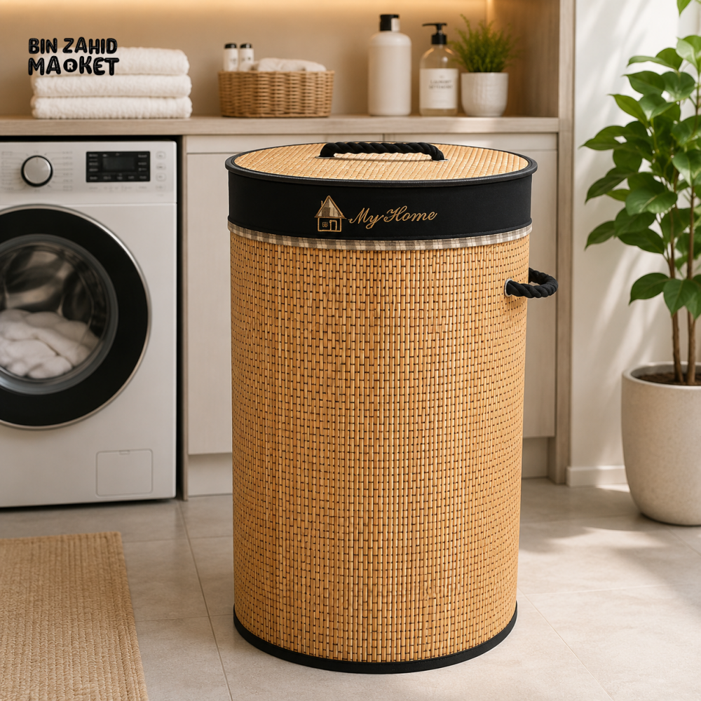 Light Brown Bamboo Round Laundry Basket with Lid