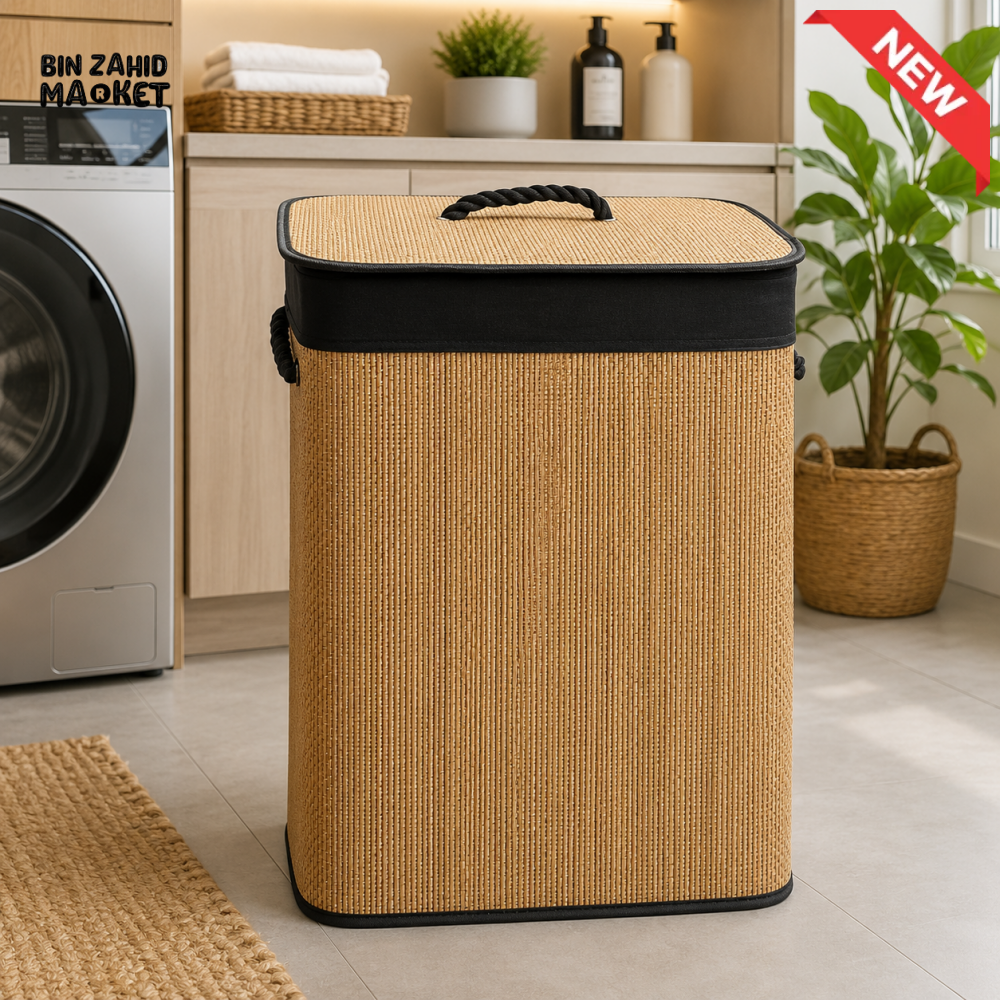 Light Brown Bamboo Rectangular Laundry Basket with Lid