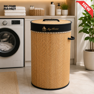 Light Brown Bamboo Round Laundry Basket with Lid