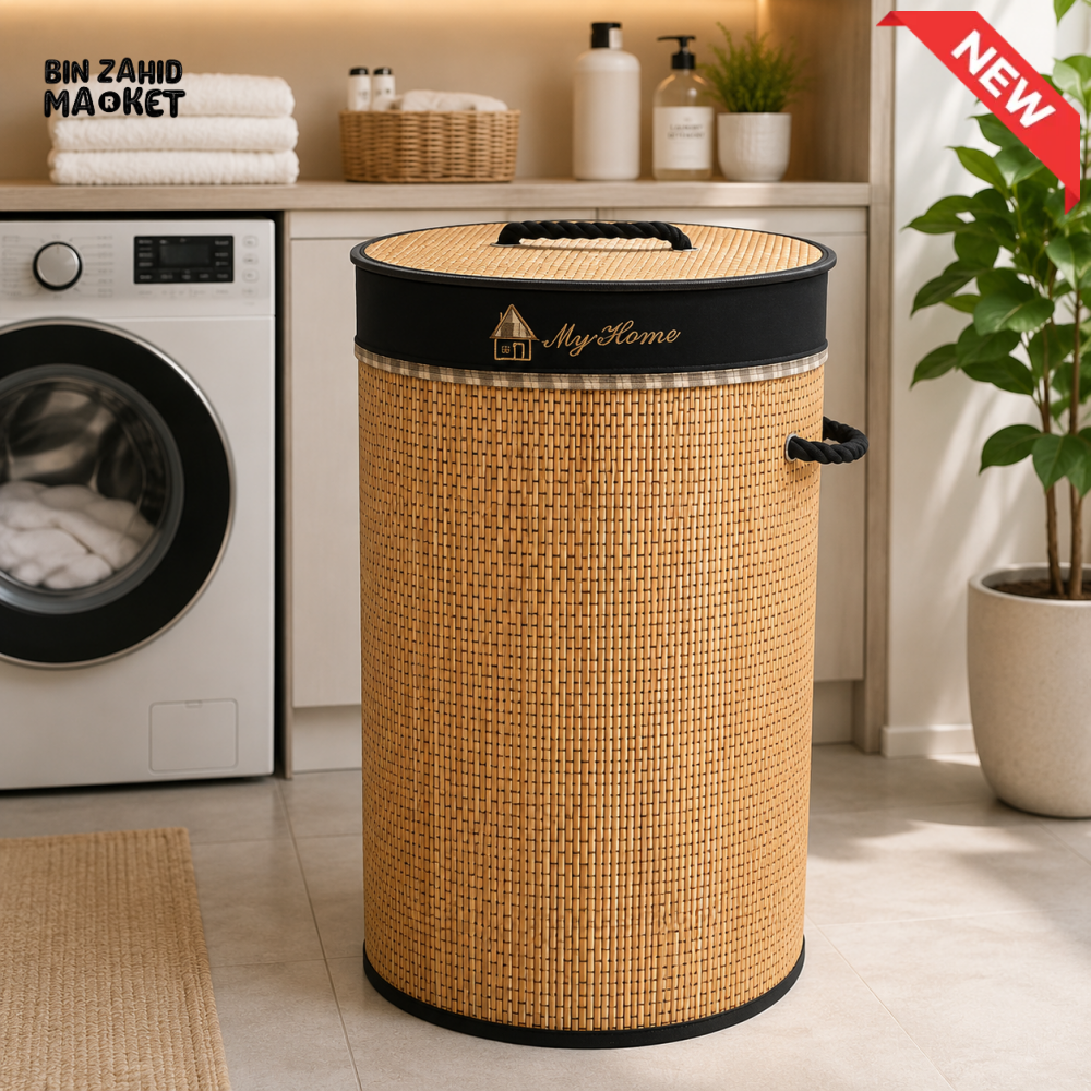 Light Brown Bamboo Round Laundry Basket with Lid