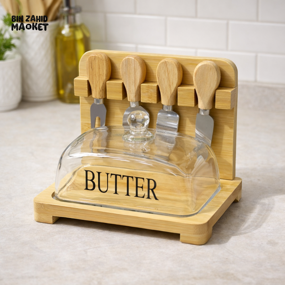 BAMBOO BUTTER DISH WITH GLASS COVER & SPREADER SET