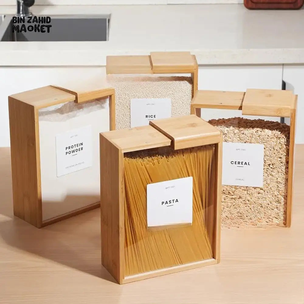 BAMBOO GRAIN STORAGE BOX AIRTIGHT SQUARE PANTRY ORGANIZER FOR RICE CEREAL DRY GOODS