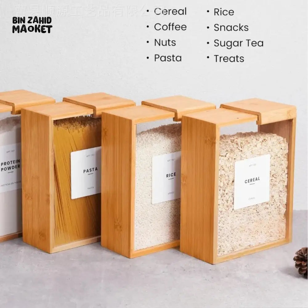 BAMBOO GRAIN STORAGE BOX AIRTIGHT SQUARE PANTRY ORGANIZER FOR RICE CEREAL DRY GOODS