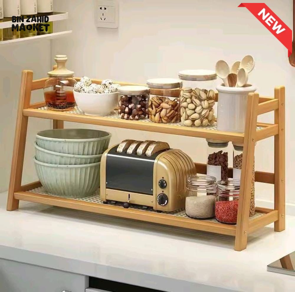 BAMBOO KITCHEN COUNTERTOP STORAGE RACK - 2 LAYER - LARGE