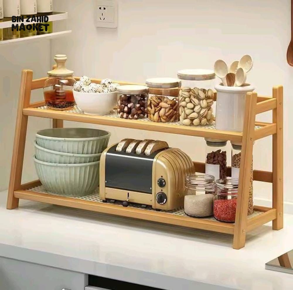 BAMBOO KITCHEN COUNTERTOP STORAGE RACK - 2 LAYER - LARGE