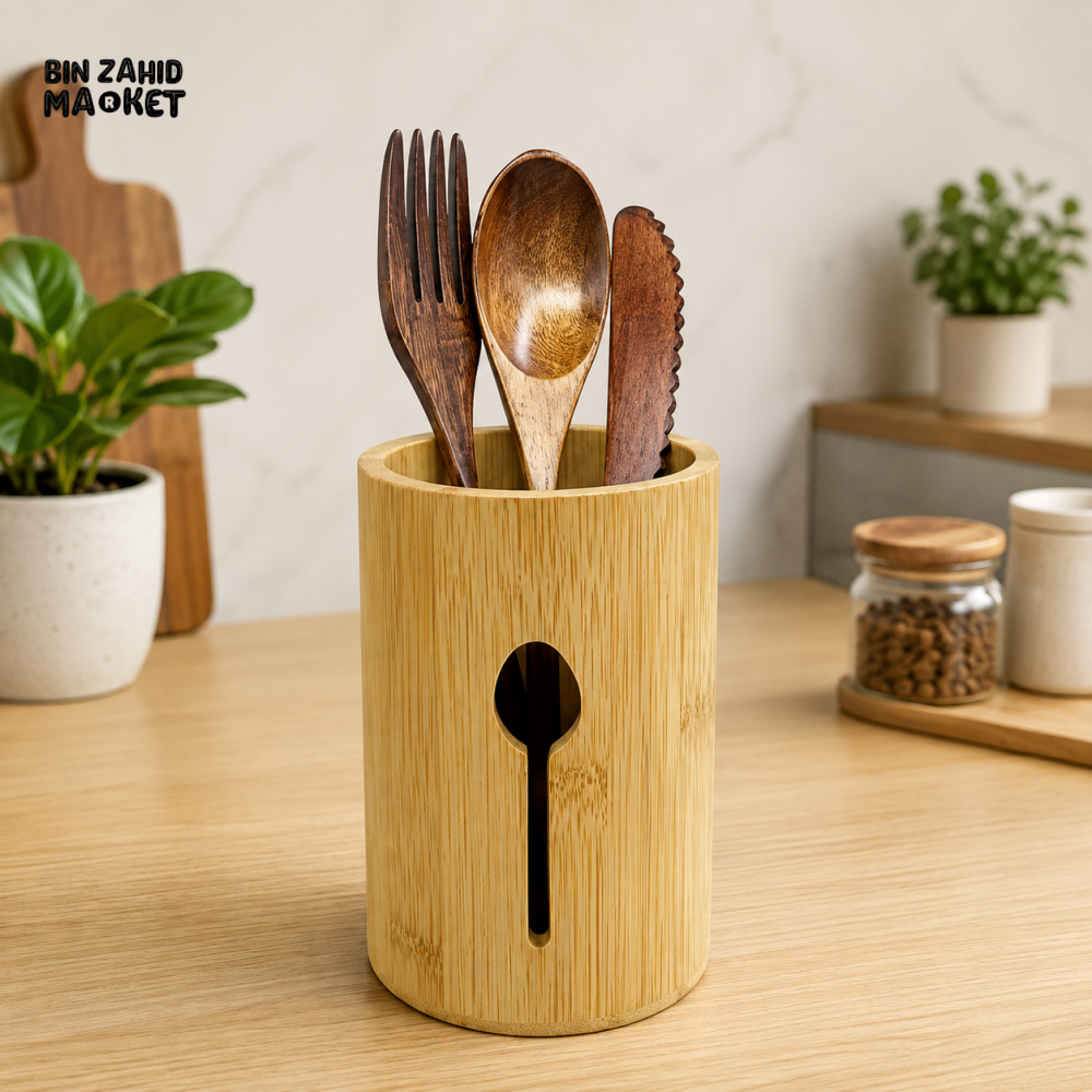 BAMBOO KITCHEN UTENSIL HOLDER WITH SPOON CUTOUT DESIGN