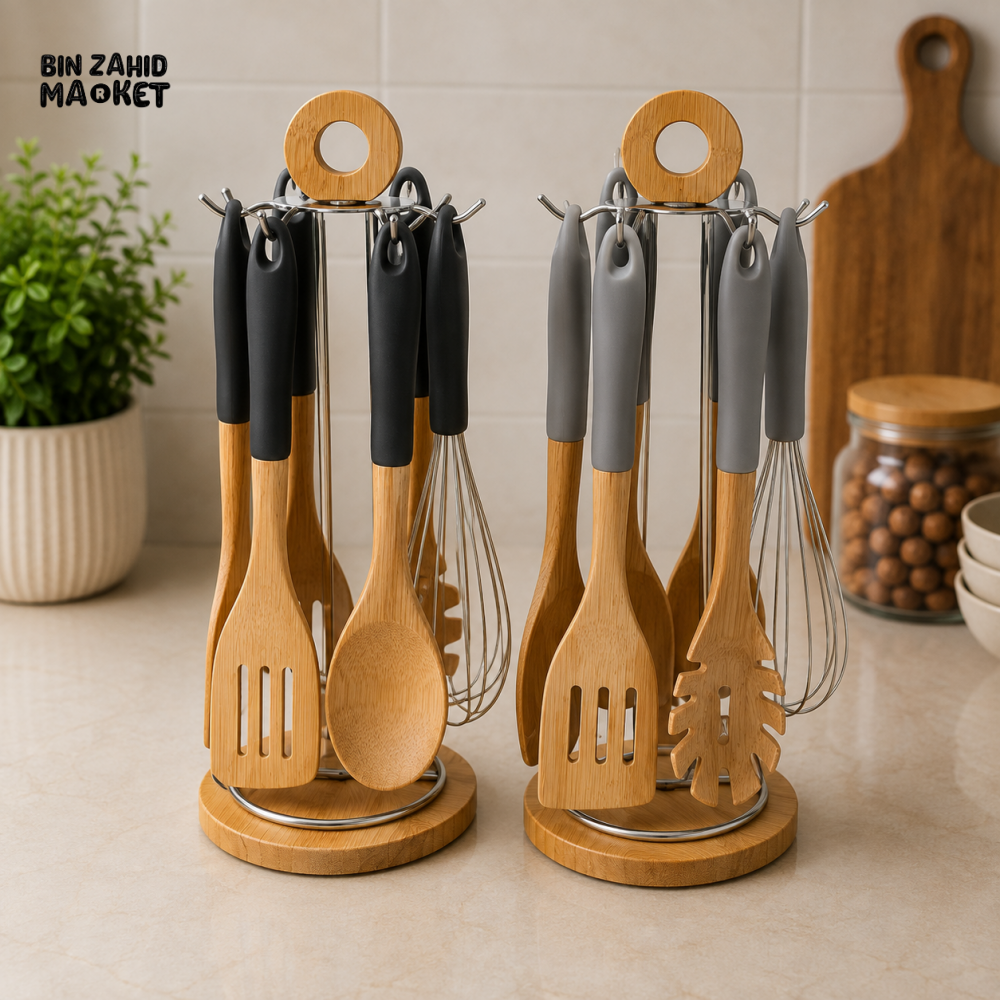 BAMBOO KITCHEN UTENSIL SET WITH ROTATING STORAGE STAND