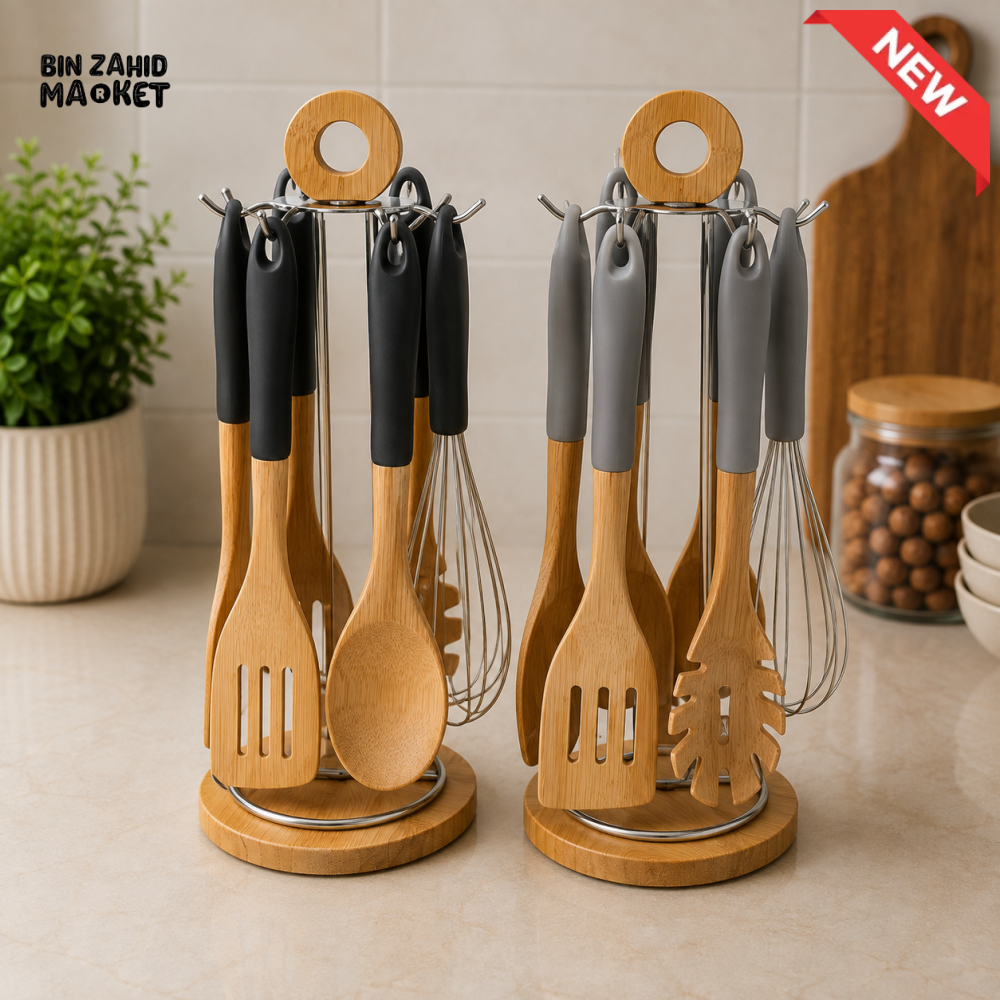 BAMBOO KITCHEN UTENSIL SET WITH ROTATING STORAGE STAND