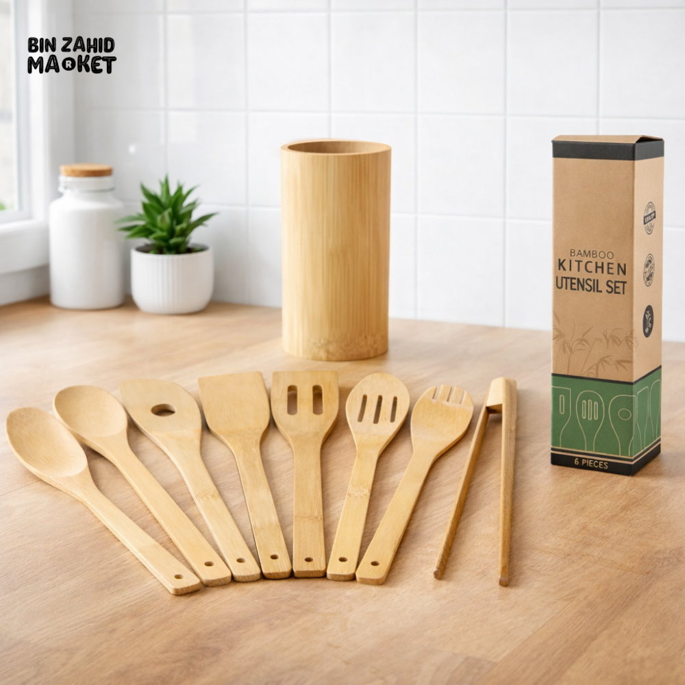 BAMBOO KITCHEN UTENSILS SET 7 PIECES WITH HOLDER - ECO-FRIENDLY COOKING TOOLS