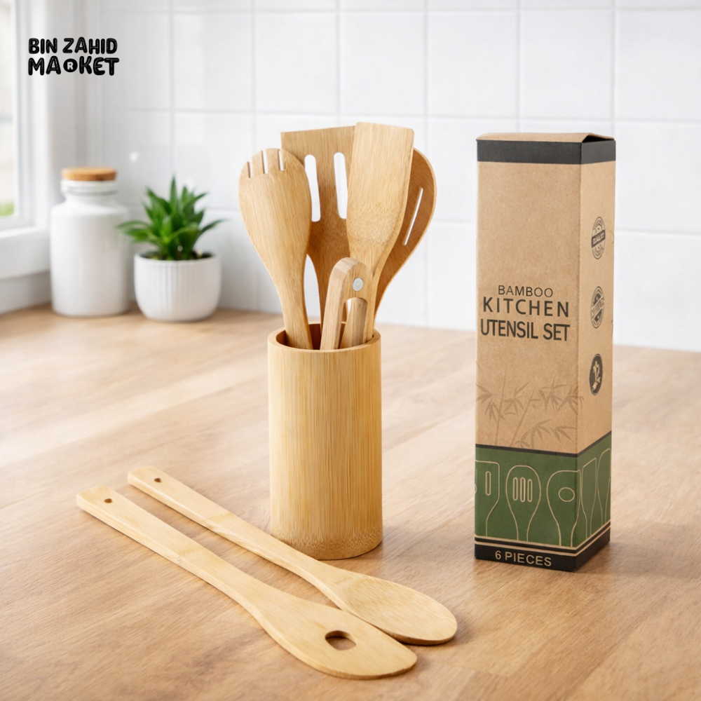 BAMBOO KITCHEN UTENSILS SET 7 PIECES WITH HOLDER - ECO-FRIENDLY COOKING TOOLS