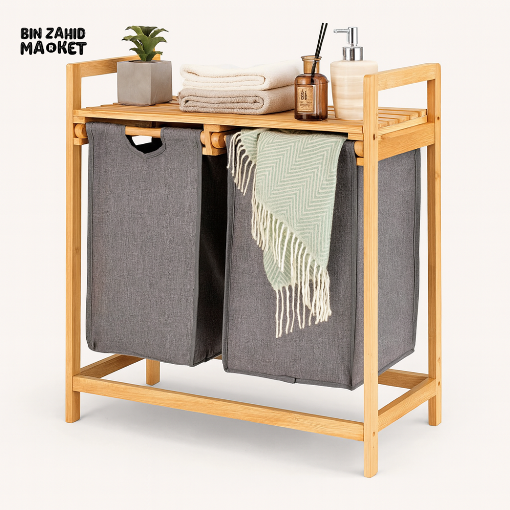 Bamboo Laundry Hamper With Dual Compartments - Grey