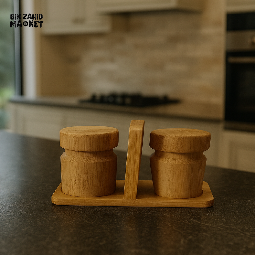 BAMBOO SALT AND PEPPER JAR SET WITH TRAY BAM-36