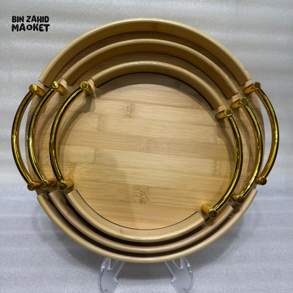 BAMBOO SERVING TRAY SET WITH GOLD HANDLES 3 PIECES