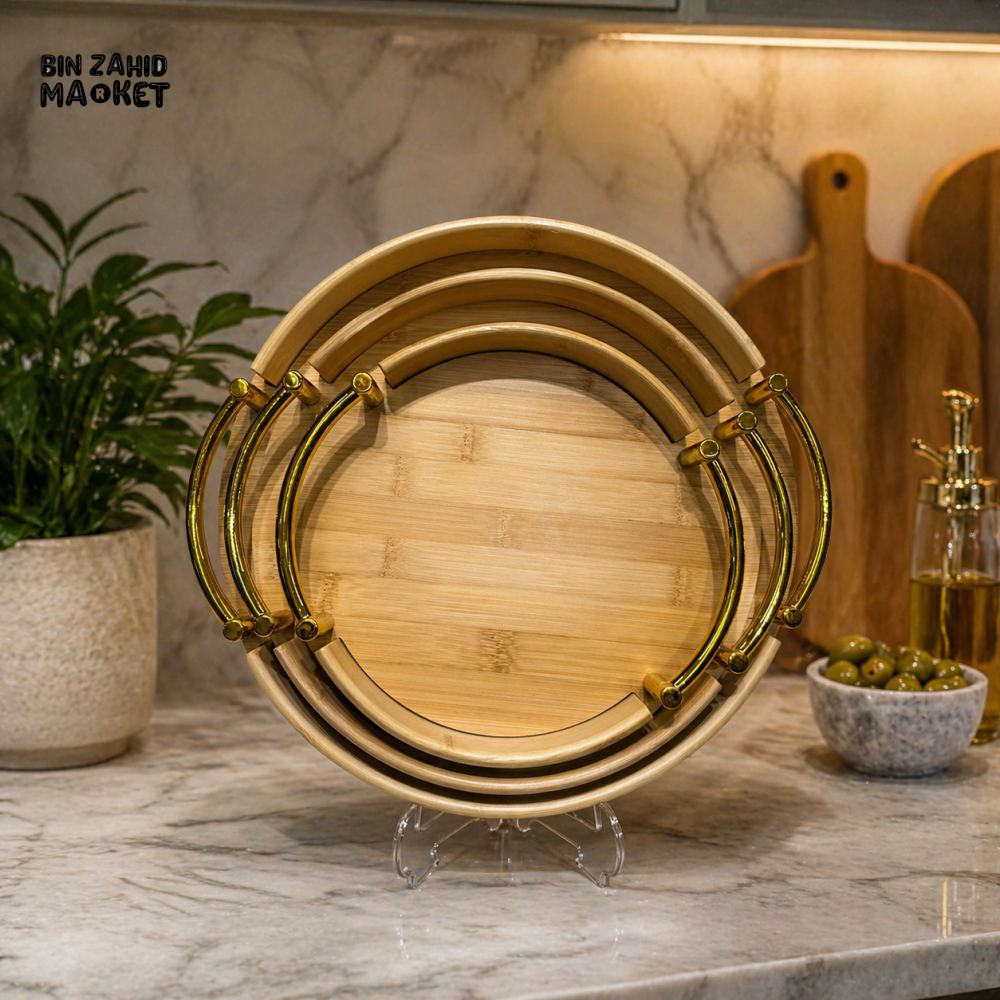 BAMBOO SERVING TRAY SET WITH GOLD HANDLES 3 PIECES