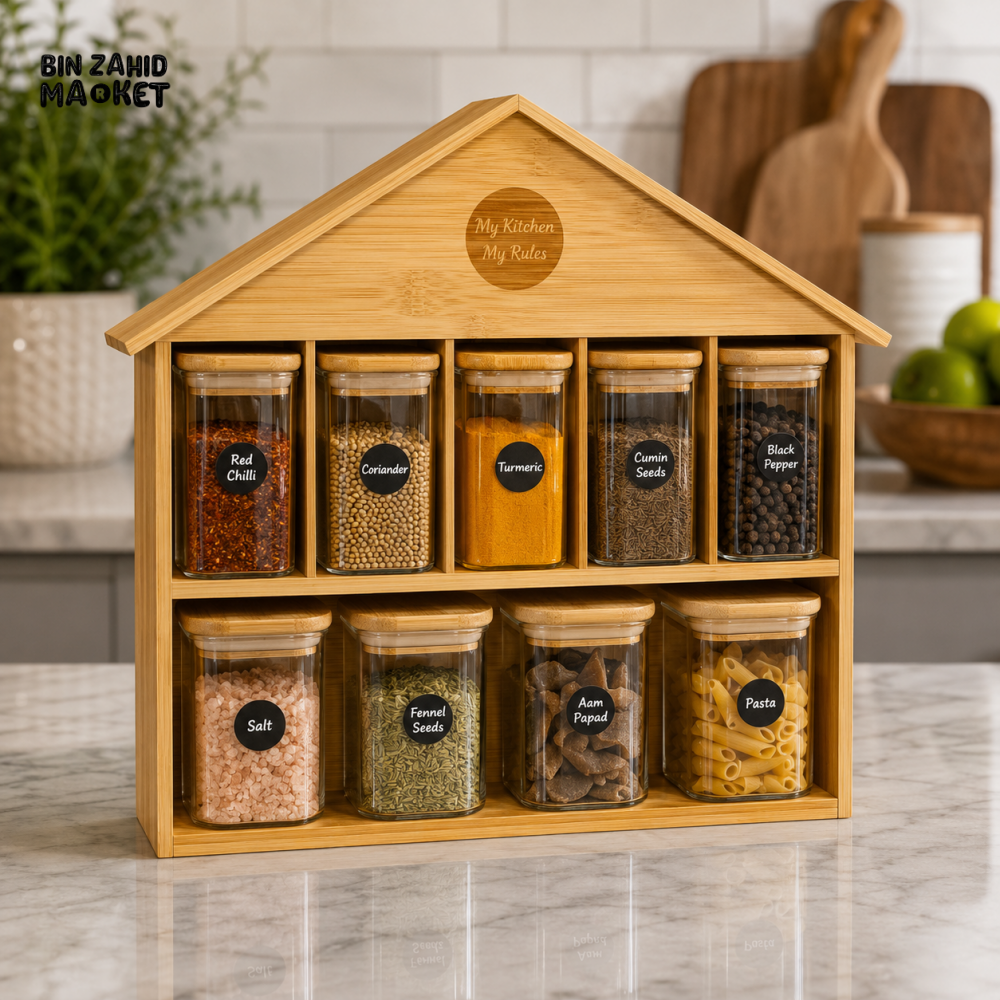 BAMBOO SPICE RACK WITH GLASS CONTAINERS - 9 JAR
