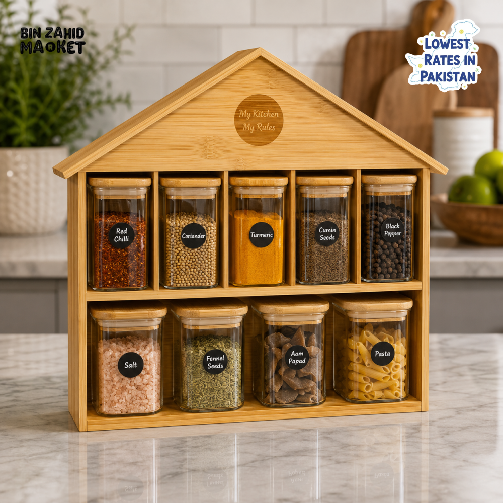 BAMBOO SPICE RACK WITH GLASS CONTAINERS - 9 JAR