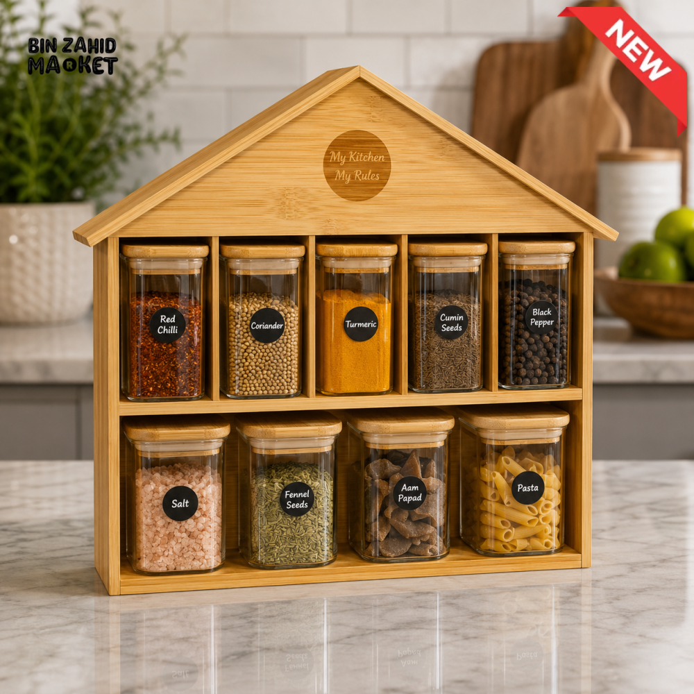 BAMBOO SPICE RACK WITH GLASS CONTAINERS - 9 JAR