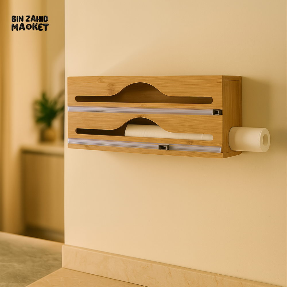 BAMBOO WRAP DISPENSER WITH SLIDER CUTTER – WALL MOUNTED PLASTIC & FOIL ORGANIZER FOR KITCHEN STORAGE AND FOOD WRAPPING 2IN1