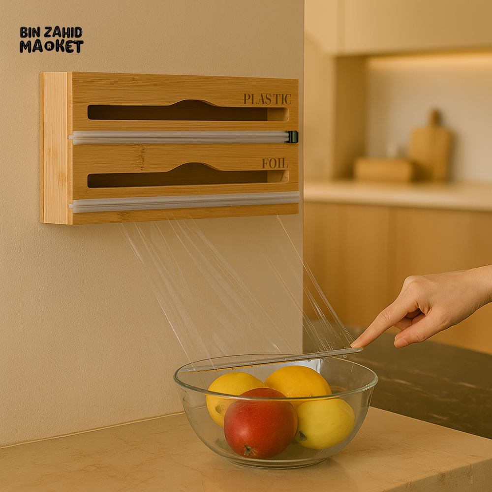 BAMBOO WRAP DISPENSER WITH SLIDER CUTTER – WALL MOUNTED PLASTIC & FOIL ORGANIZER FOR KITCHEN STORAGE AND FOOD WRAPPING 2IN1