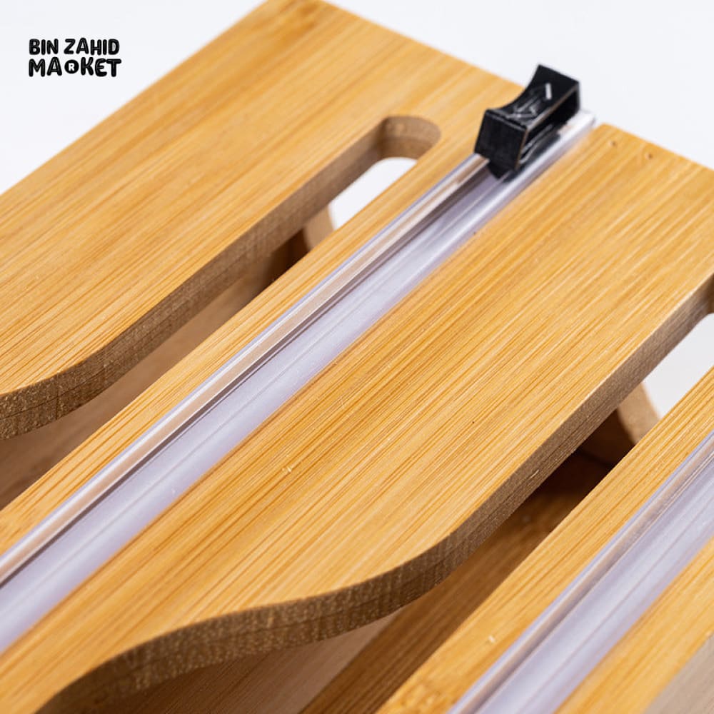 BAMBOO WRAP DISPENSER WITH SLIDER CUTTER – WALL MOUNTED PLASTIC & FOIL ORGANIZER FOR KITCHEN STORAGE AND FOOD WRAPPING 3IN1