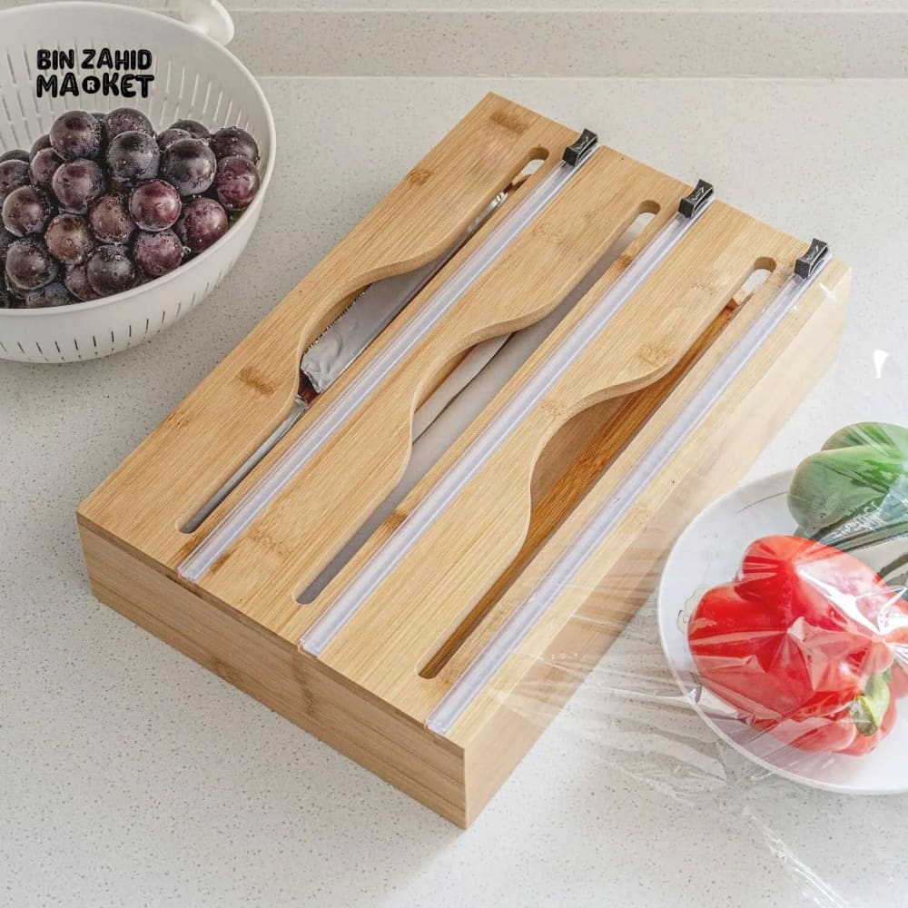 BAMBOO WRAP DISPENSER WITH SLIDER CUTTER – WALL MOUNTED PLASTIC & FOIL ORGANIZER FOR KITCHEN STORAGE AND FOOD WRAPPING 3IN1