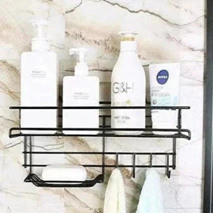 Bathroom Storage Shelf with Hooks and Soap Dish Black