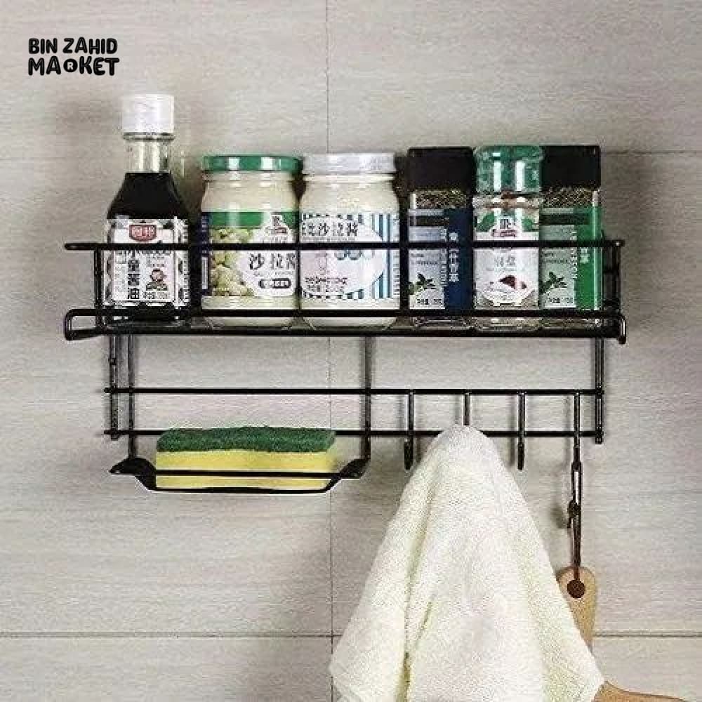 BATHROOM STORAGE SHELF WITH HOOKS AND SOAP DISH