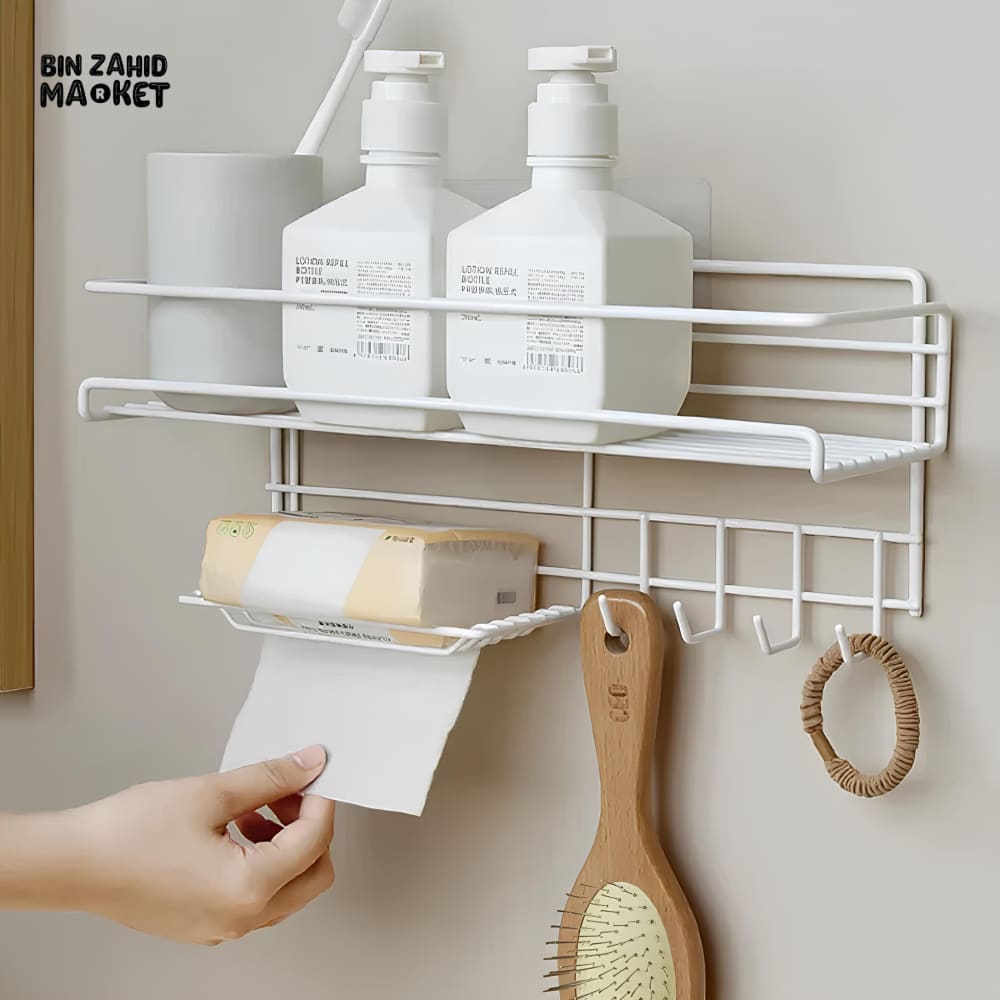 BATHROOM STORAGE SHELF WITH HOOKS AND SOAP DISH White