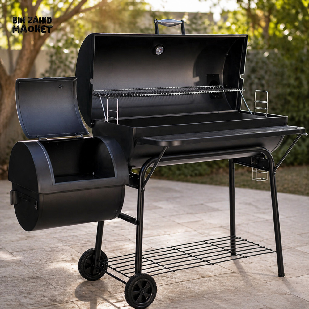 BBQ CHARCOAL GRILL WITH OFFSET SMOKER 2 WHEELS OUTDOOR PIT GRILL FOR GARDEN TERRACE CAMPING BEACH
