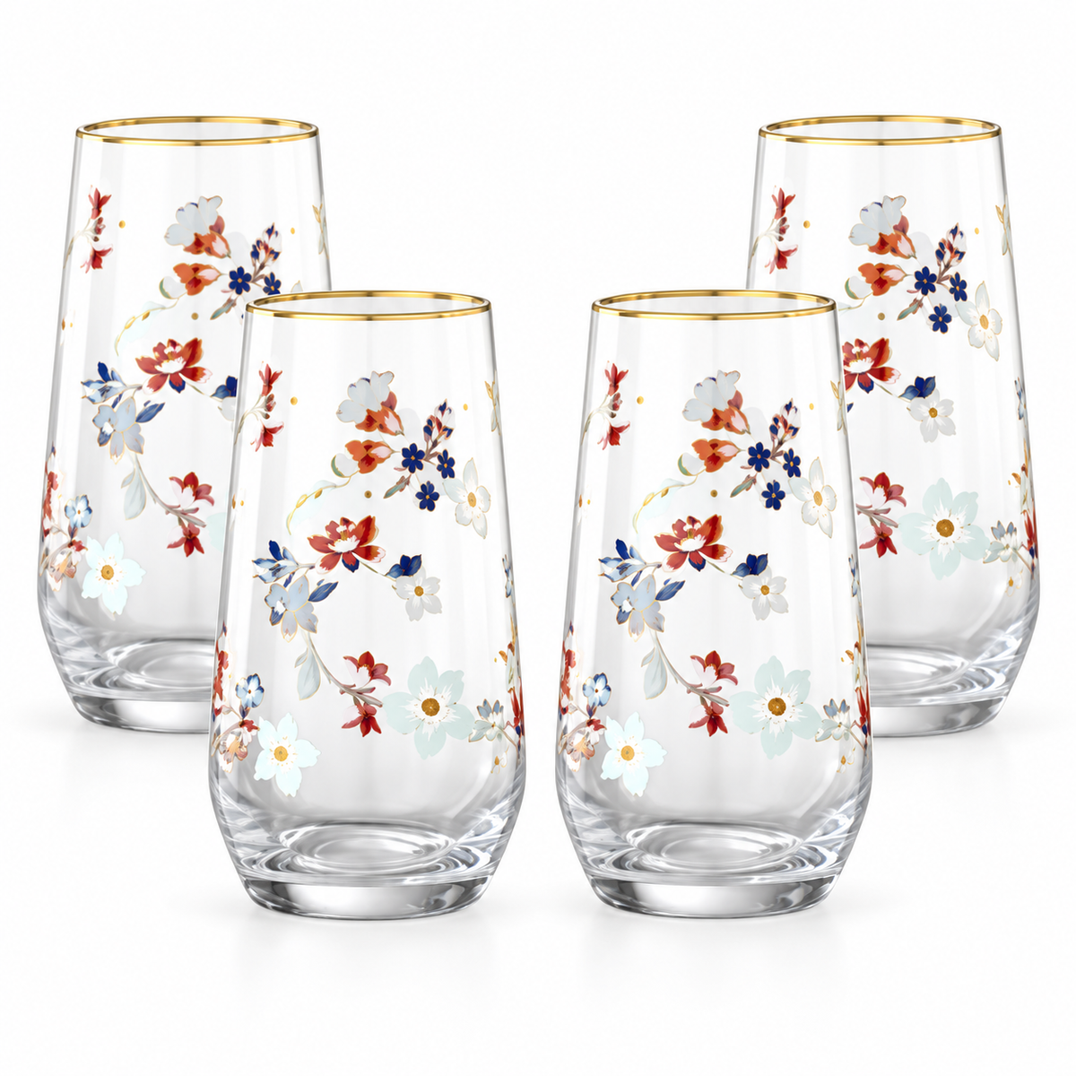 Danny Home 4 Piece Floral Gold Rim Glass Set - 560 ml