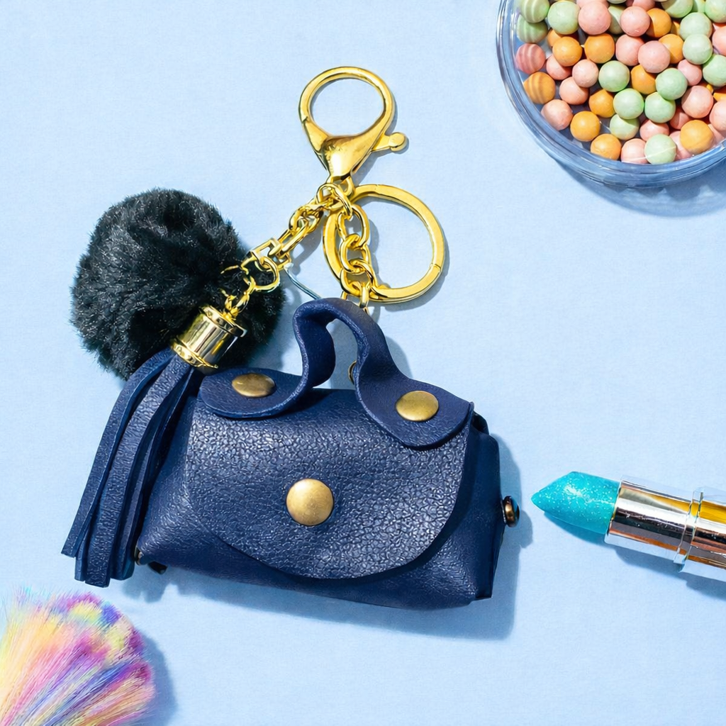 MINI HANDBAG KEYCHAIN WITH POM-POM & TASSEL