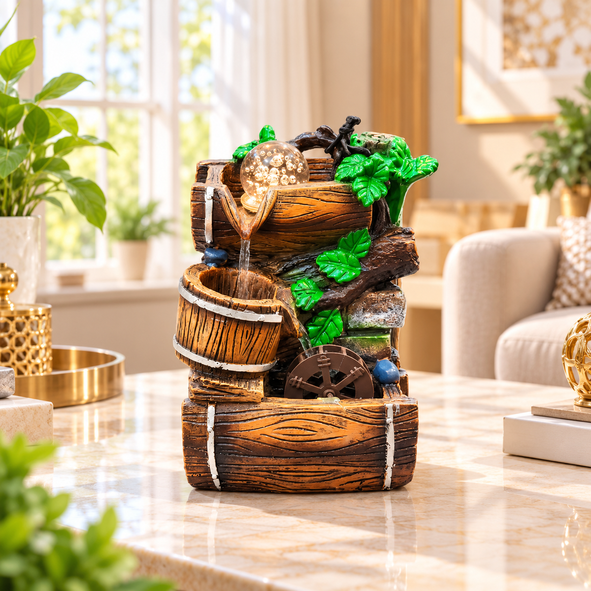 RUSTIC BARREL TABLETOP WATER FOUNTAIN WITH LED LIGHT & WATER WHEEL