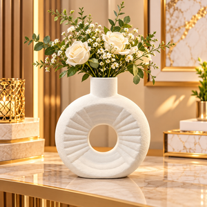 WHITE ROUND RIBBED OPEN CENTER DECORATIVE VASE - SMALL