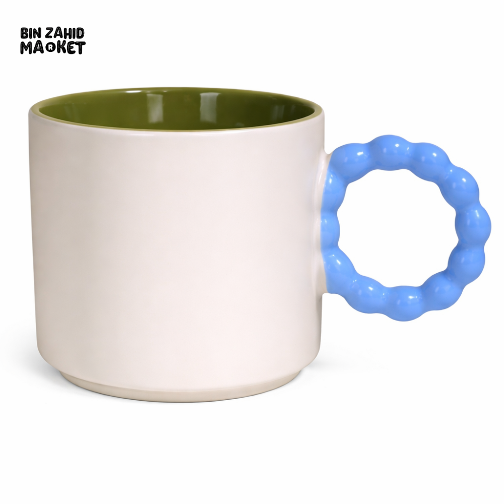 BEADED HANDLE CERAMIC MUG – OFF-WHITE COFFEE CUP WITH GREEN INTERIOR & BLUE HANDLE