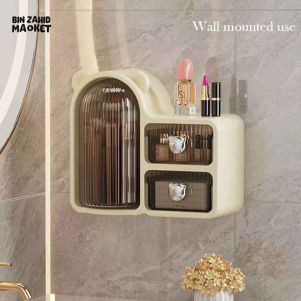 BEAR-SHAPED 360° MAKEUP BRUSH HOLDER – WALL-MOUNTED, DUSTPROOF WITH DRAWER & LID