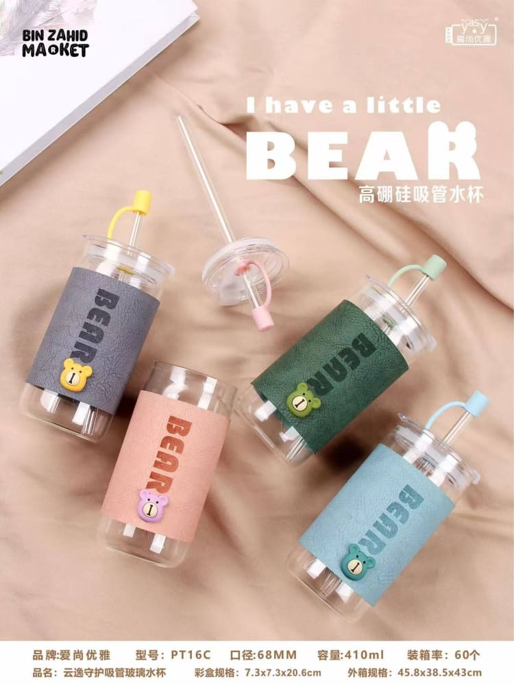 BEAR SLEEVE GLASS TUMBLER WITH BAMBOO LID & STRAW – CUTE BEAR PATCH 410 ML