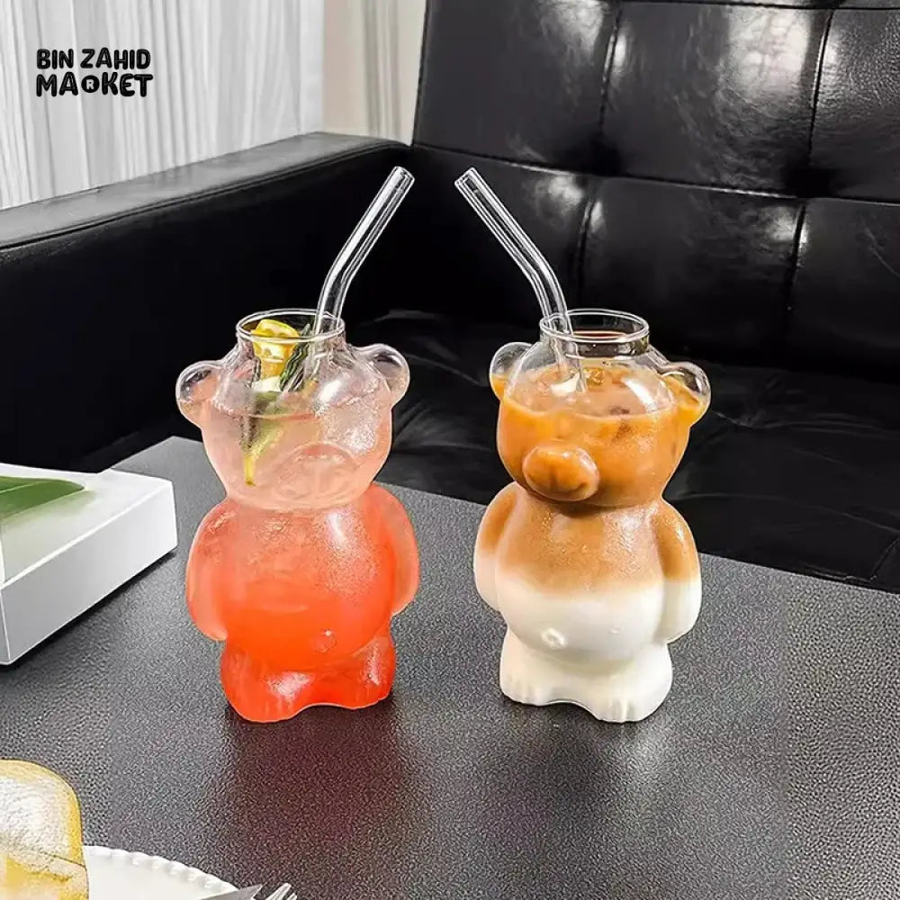 CARTOON BEAR SHAPED GLASS MUG WITH STRAW CUTE TRANSPARENT COFFEE & JUICE CUP CREATIVE MILKY TEA BEAR CUP