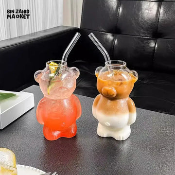 CARTOON BEAR SHAPED GLASS MUG WITH STRAW CUTE TRANSPARENT COFFEE & JUICE CUP CREATIVE MILKY TEA BEAR CUP