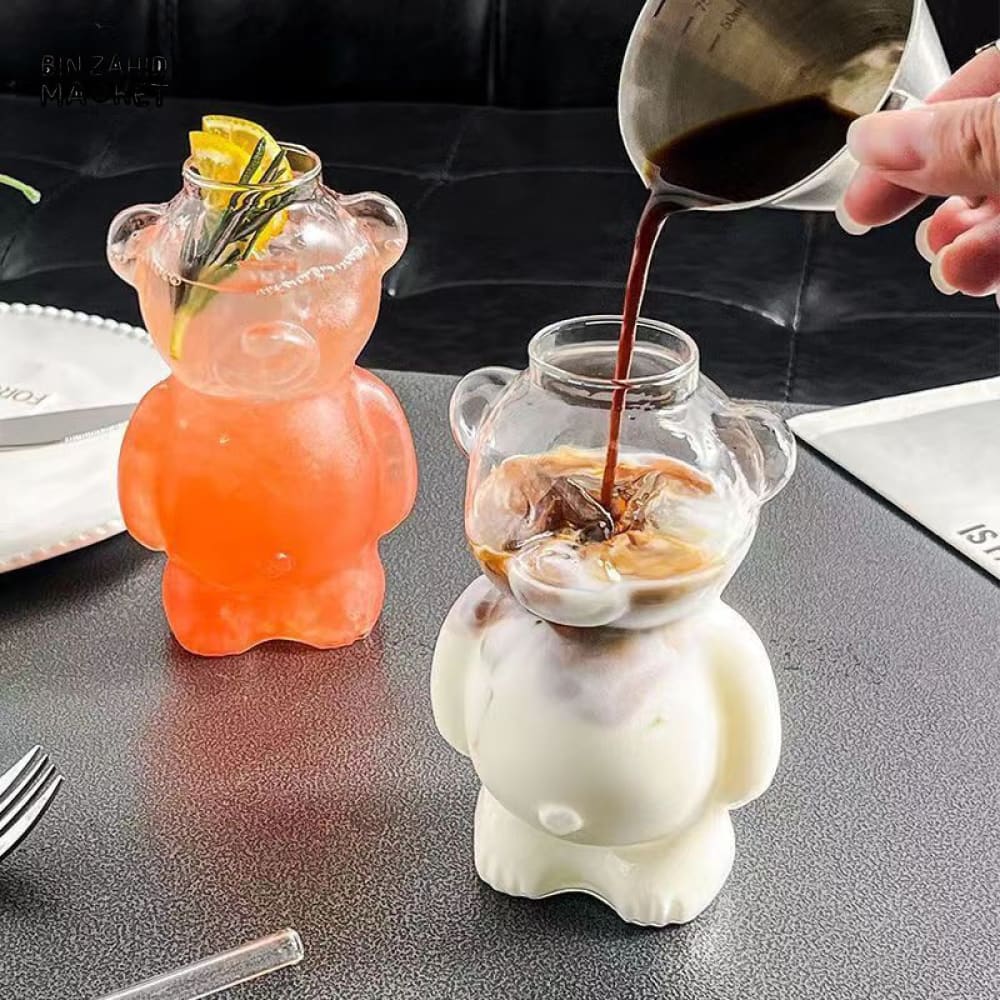 CARTOON BEAR SHAPED GLASS MUG WITH STRAW CUTE TRANSPARENT COFFEE & JUICE CUP CREATIVE MILKY TEA BEAR CUP