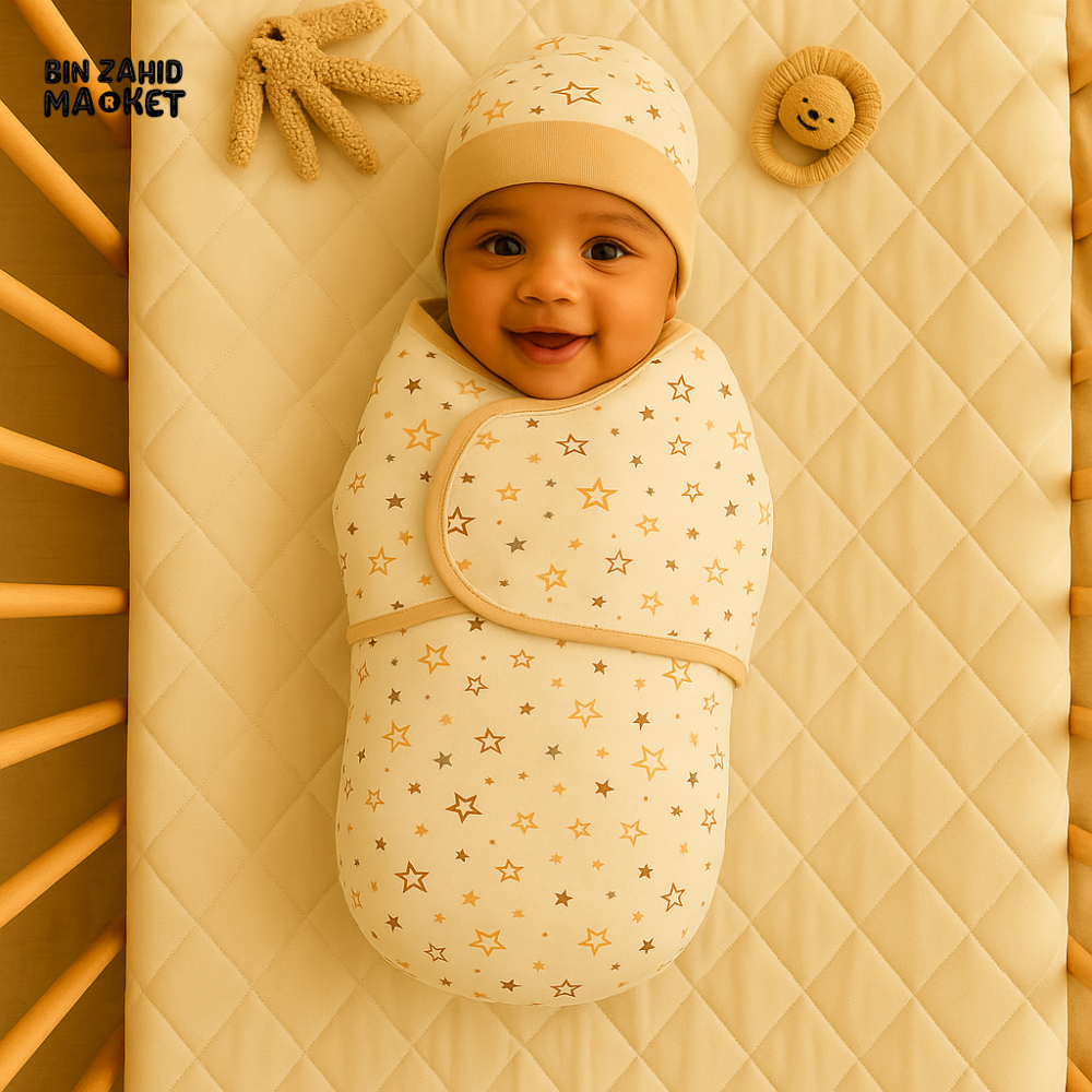 BEIGE BORDER STAR PRINT NEWBORN SWADDLE SET WITH CAP & MITTENS – SOFT COTTON WRAP