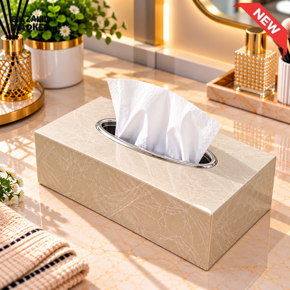 BEIGE TEXTURED RECTANGULAR TISSUE BOX WITH SILVER OVAL TRIM - Tissue Boxes