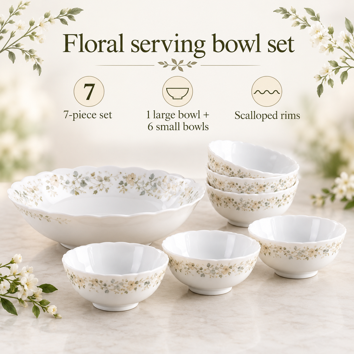 Danny Home 7-Piece Floral Serving bowl set