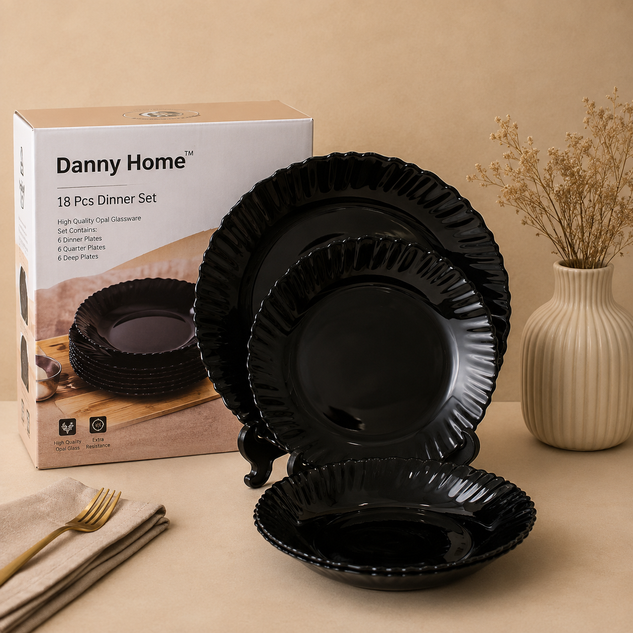 DANNY HOME 18 PCS MIDNIGHT BLACK DINNER SET