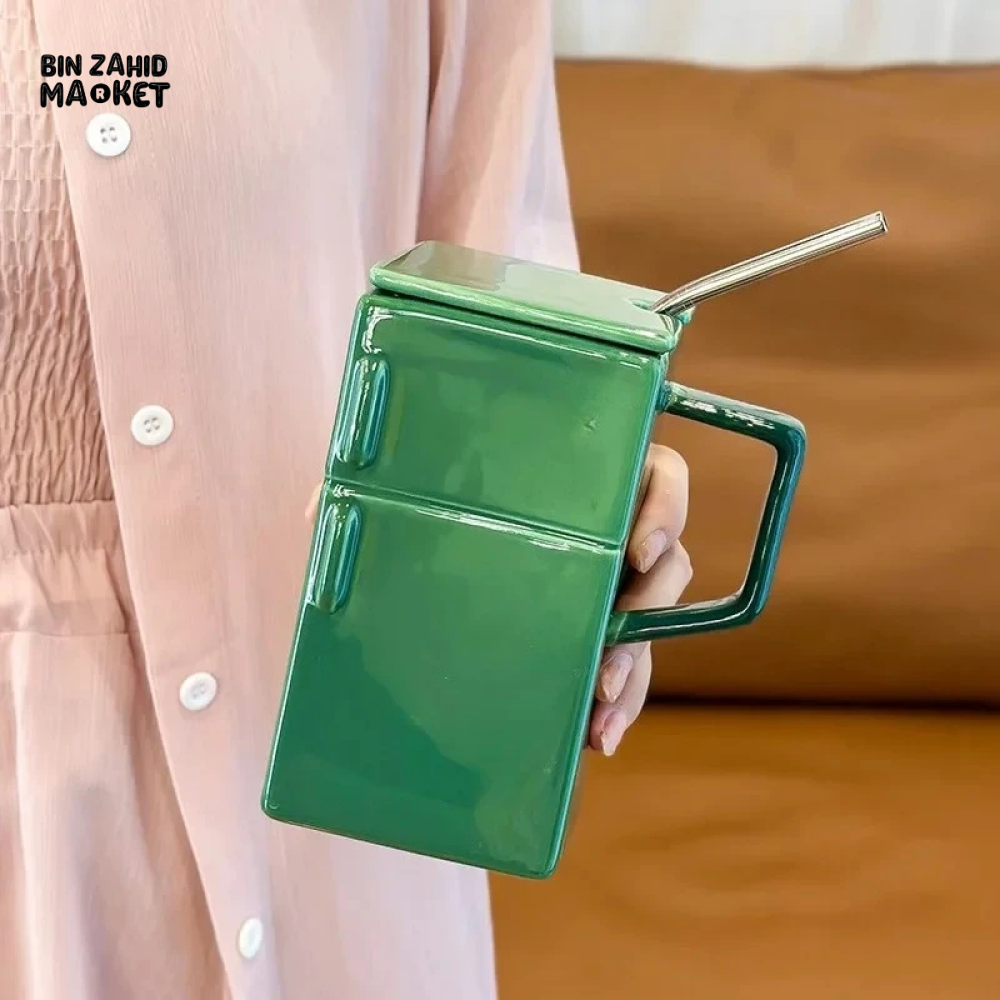 BIN ZAHID HOME RETRO REFRIGERATOR CERAMIC MUG WITH LID & STRAW 550ML - GREEN
