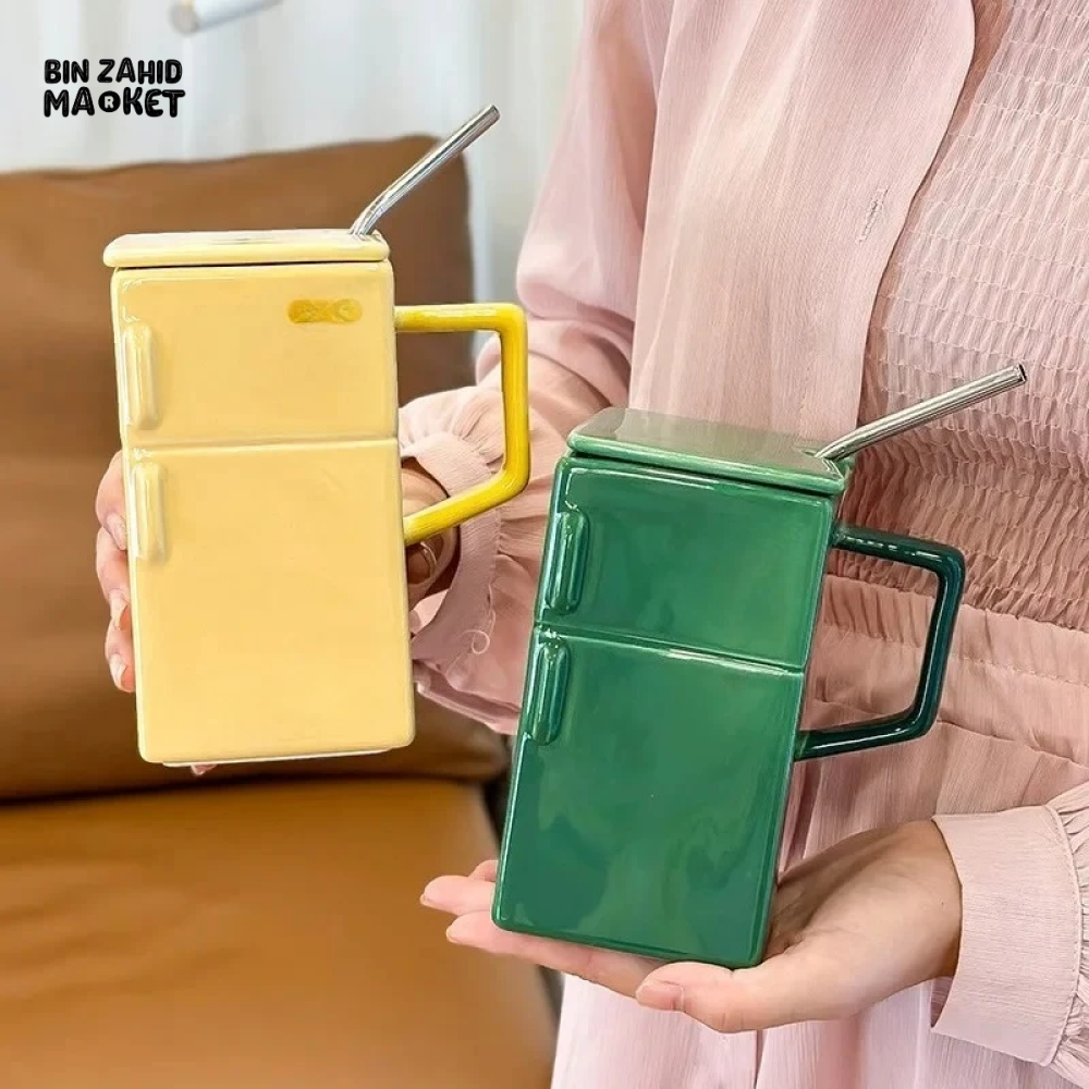 BIN ZAHID HOME RETRO REFRIGERATOR CERAMIC MUG WITH LID & STRAW 550ML - GREEN